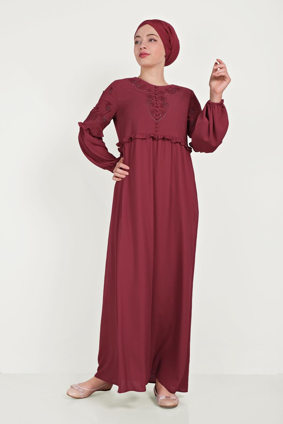 Tesettür giyim BORDO ALVİNA DÜĞMELİ NAKIŞLI ELBİSE 40500 