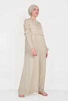 Tesettür giyim EKRU ALVİNA DÜĞMELİ NAKIŞLI ELBİSE 40500 