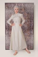 Tesettür giyim BEJ ALVİNA PAMUKLU KAZAYAĞI DESENLİ NAKIŞ DETAYLI ELBİSE T 40520