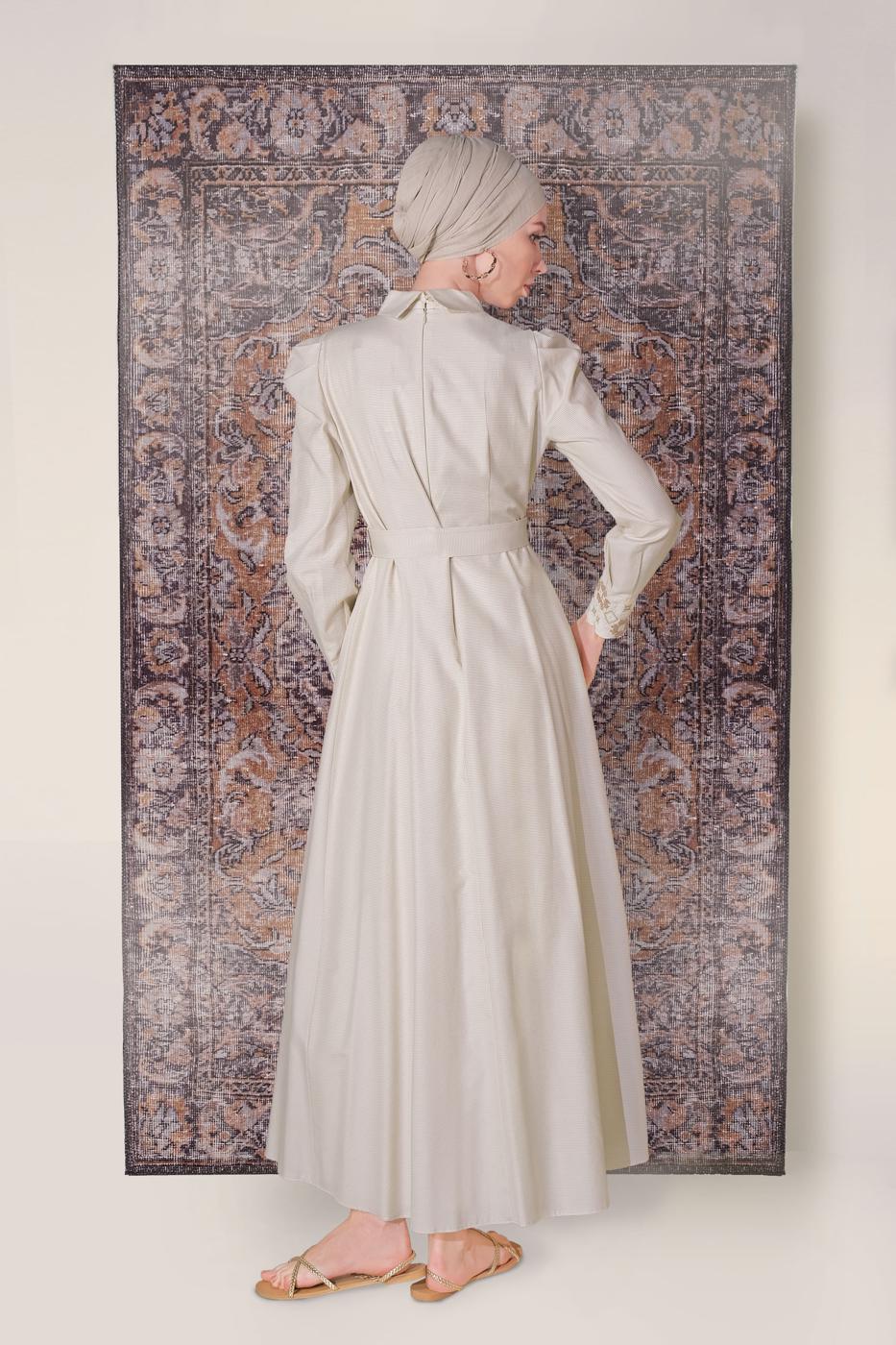 Tesettür giyim BEJ ALVİNA PAMUKLU KAZAYAĞI DESENLİ NAKIŞ DETAYLI ELBİSE T 40520