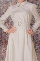 Tesettür giyim BEJ ALVİNA PAMUKLU KAZAYAĞI DESENLİ NAKIŞ DETAYLI ELBİSE T 40520