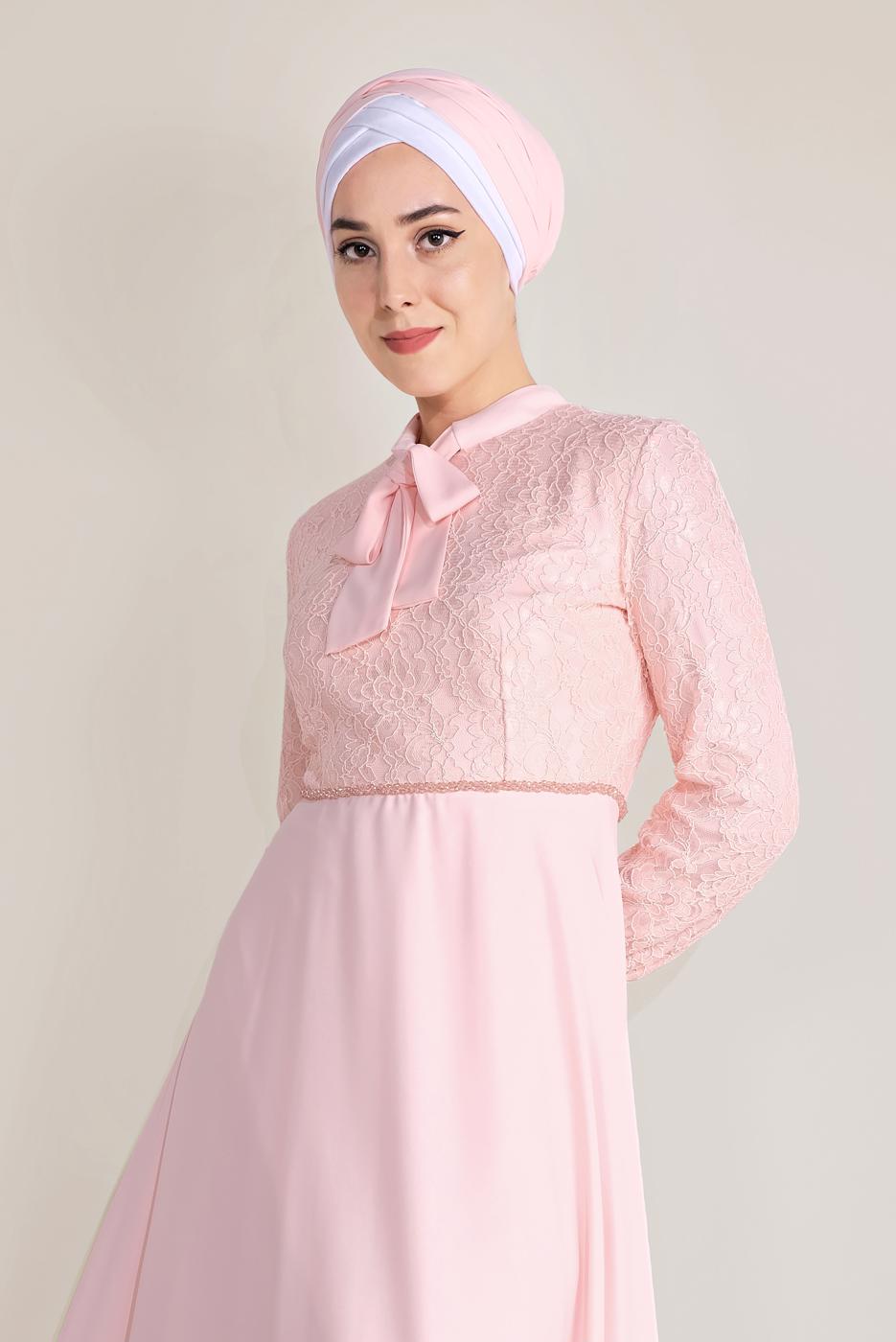 Tesettür giyim PUDRA ALVİNA DANTEL DETAYLI ELBİSE T 40522