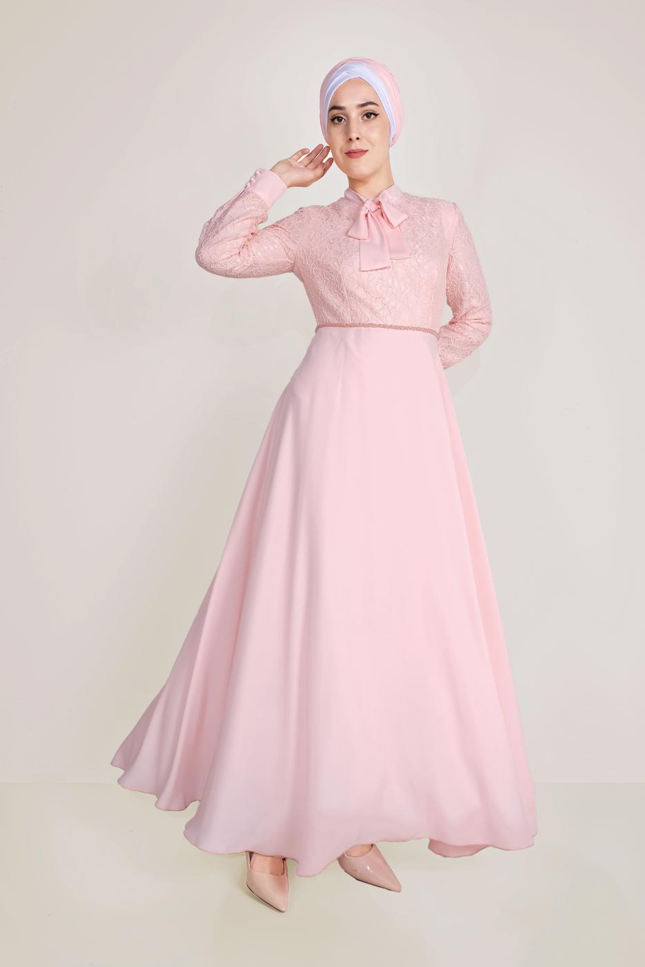 Tesettür giyim PUDRA ALVİNA DANTEL DETAYLI ELBİSE T 40522