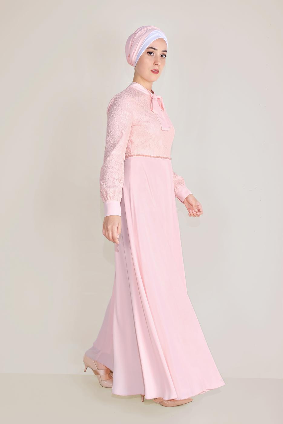 Tesettür giyim PUDRA ALVİNA DANTEL DETAYLI ELBİSE T 40522