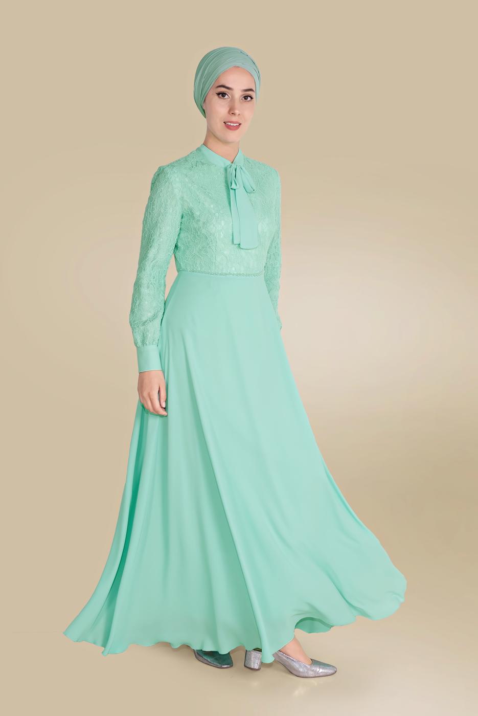 Tesettür giyim YEŞİL ALVİNA DANTEL DETAYLI ELBİSE T 40522