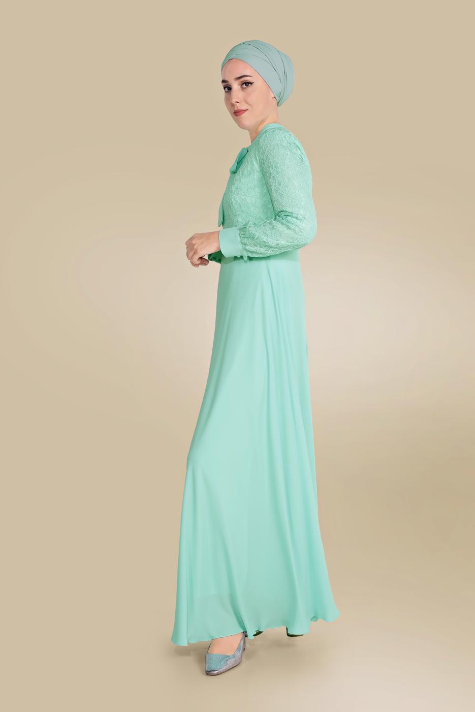 Tesettür giyim YEŞİL ALVİNA DANTEL DETAYLI ELBİSE T 40522