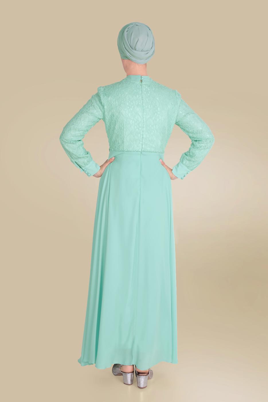 Tesettür giyim YEŞİL ALVİNA DANTEL DETAYLI ELBİSE T 40522