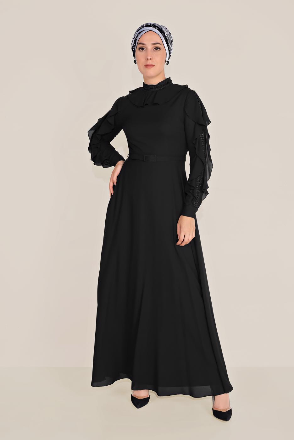 Tesettür giyim SİYAH ALVİNA FIRFIRLI BONCUK İŞLEME DETAYLI ELBİSE T 40546