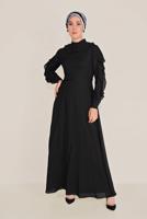 Tesettür giyim SİYAH ALVİNA FIRFIRLI BONCUK İŞLEME DETAYLI ELBİSE T 40546