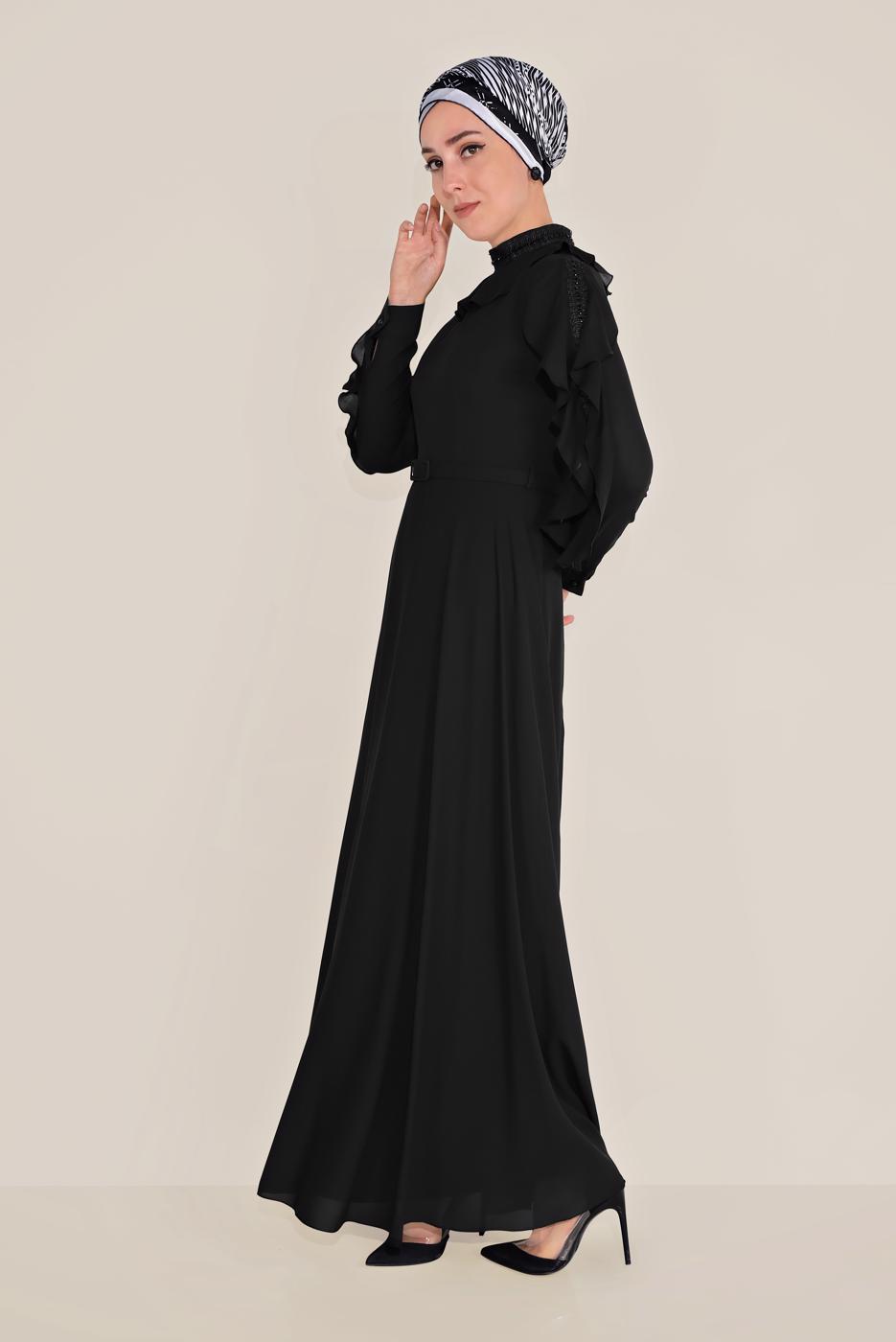 Tesettür giyim SİYAH ALVİNA FIRFIRLI BONCUK İŞLEME DETAYLI ELBİSE T 40546