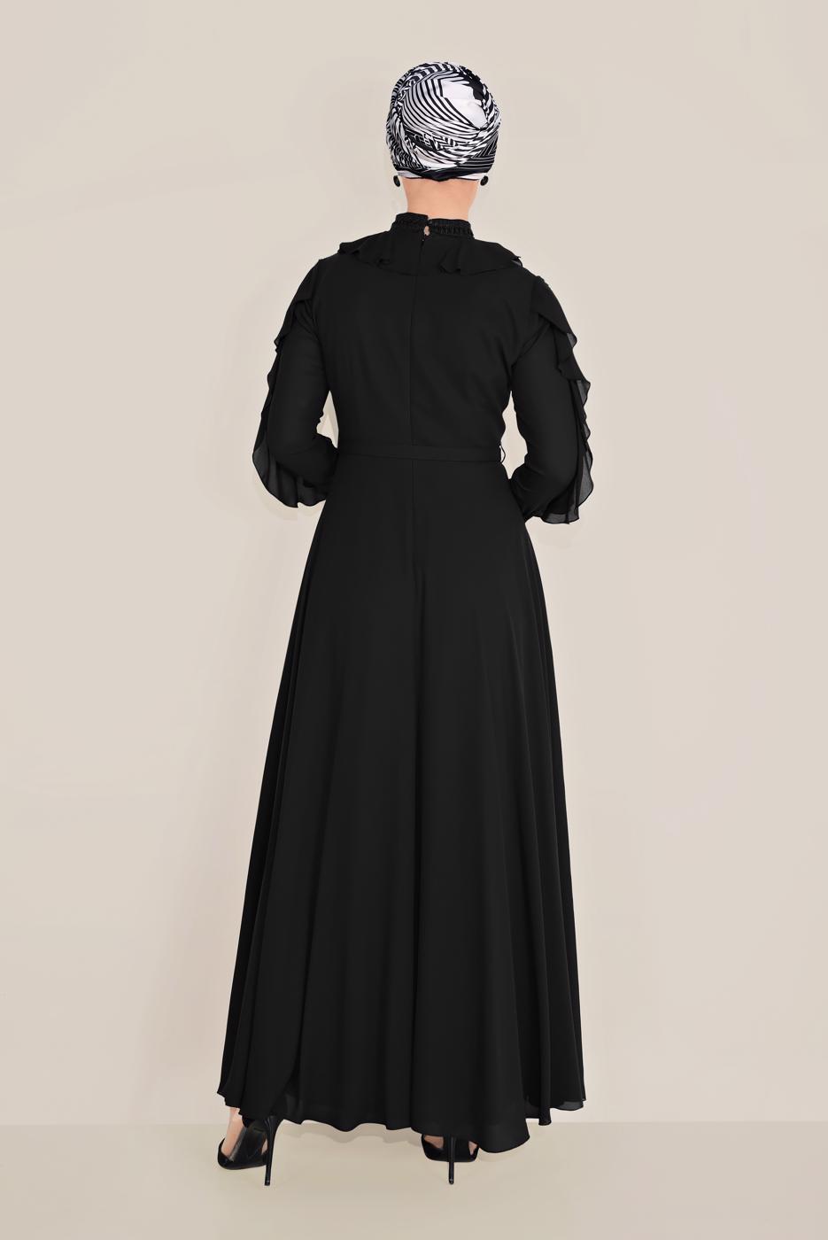 Tesettür giyim SİYAH ALVİNA FIRFIRLI BONCUK İŞLEME DETAYLI ELBİSE T 40546