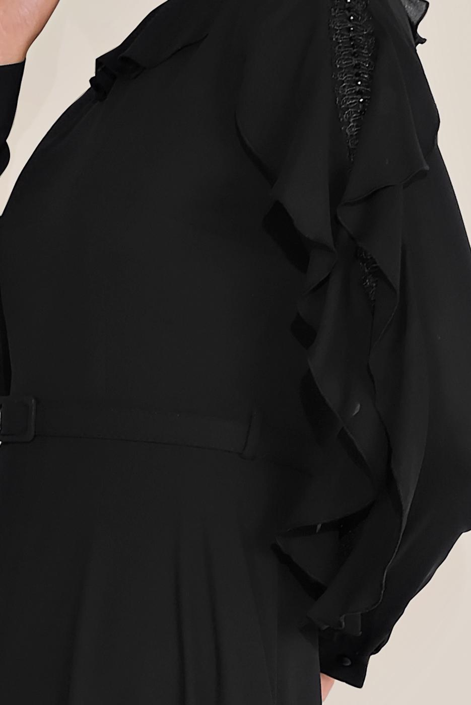 Tesettür giyim SİYAH ALVİNA FIRFIRLI BONCUK İŞLEME DETAYLI ELBİSE T 40546