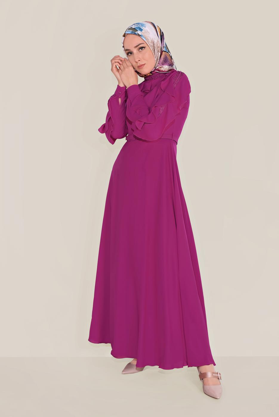 Tesettür giyim MOR ALVİNA FIRFIRLI BONCUK İŞLEME DETAYLI ELBİSE T 40546