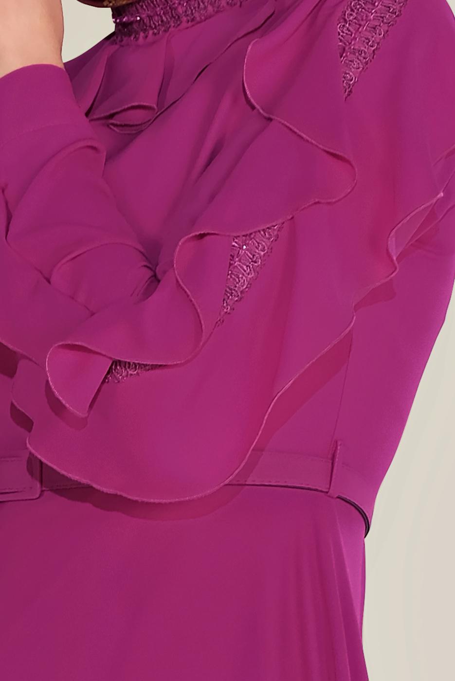 Tesettür giyim MOR ALVİNA FIRFIRLI BONCUK İŞLEME DETAYLI ELBİSE T 40546