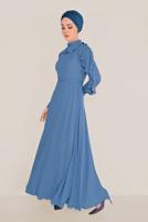 Tesettür giyim LACİVERT ALVİNA FIRFIRLI BONCUK İŞLEME DETAYLI ELBİSE T 40546