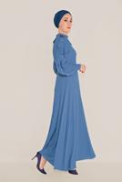 Tesettür giyim LACİVERT ALVİNA FIRFIRLI BONCUK İŞLEME DETAYLI ELBİSE T 40546