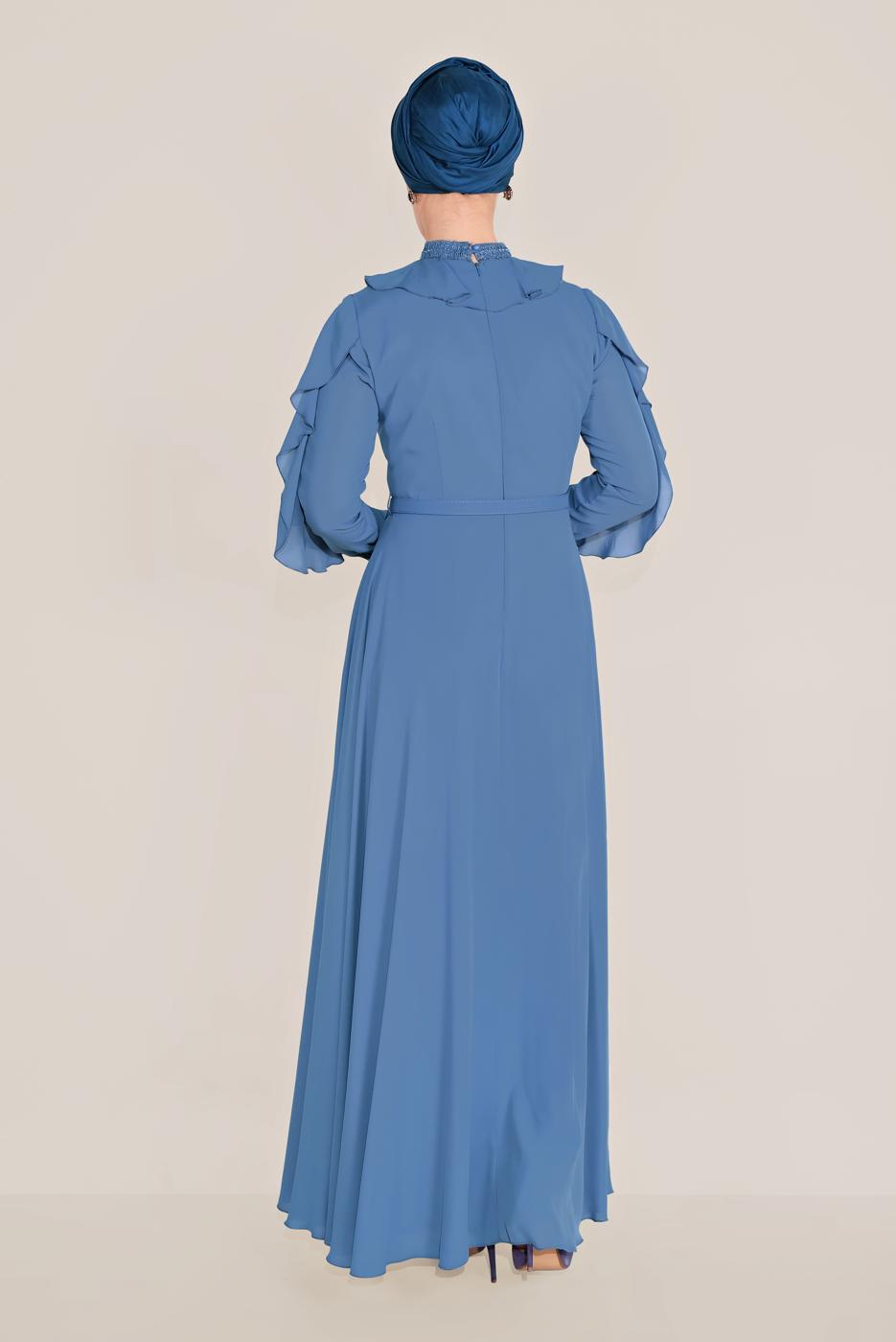 Tesettür giyim LACİVERT ALVİNA FIRFIRLI BONCUK İŞLEME DETAYLI ELBİSE T 40546