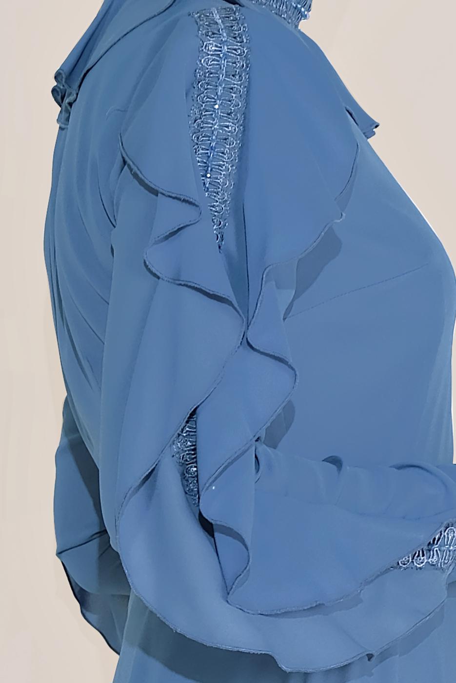 Tesettür giyim LACİVERT ALVİNA FIRFIRLI BONCUK İŞLEME DETAYLI ELBİSE T 40546