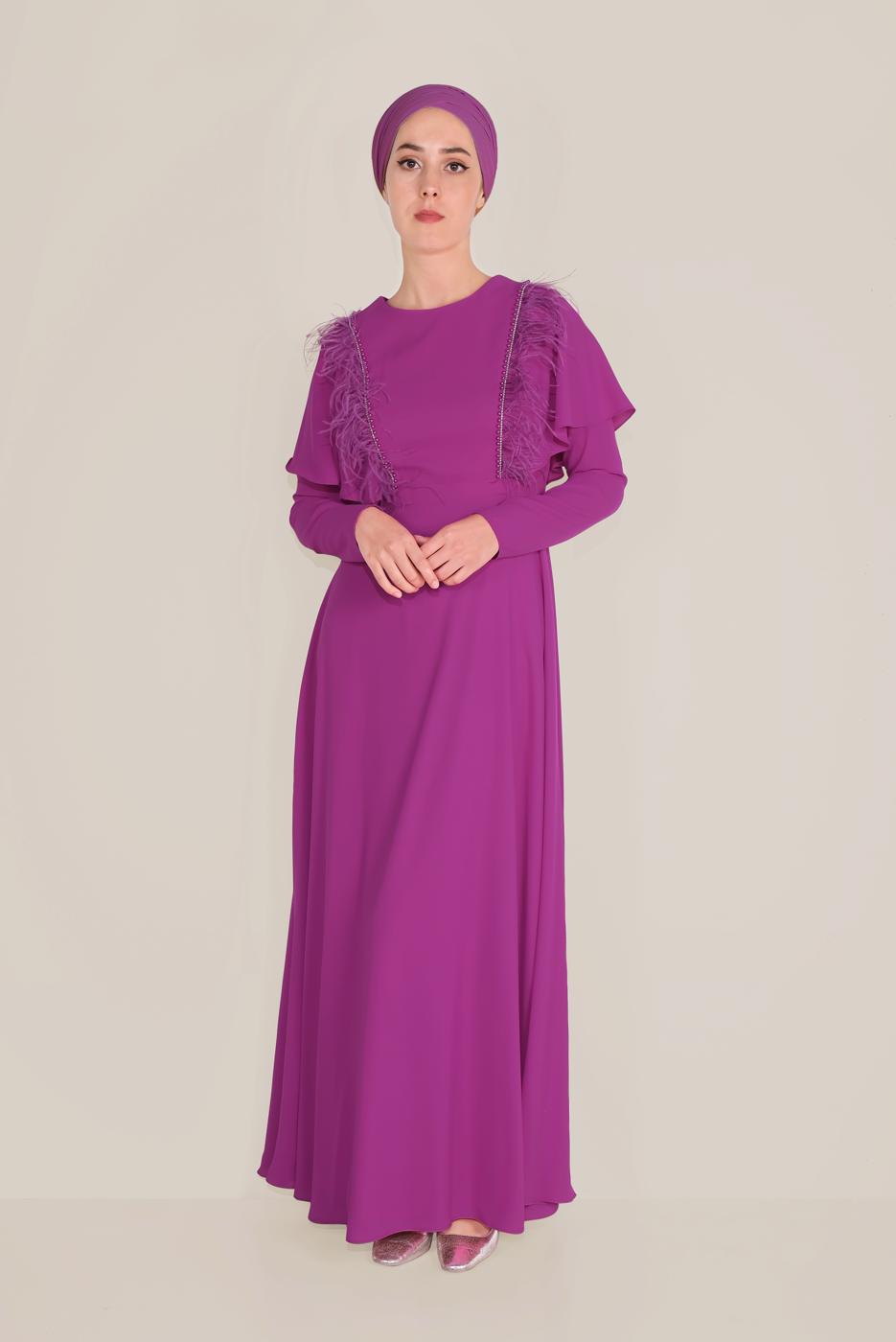 Tesettür giyim MOR BONCUKLU TÜY DETAYLI ELBİSE 40567 