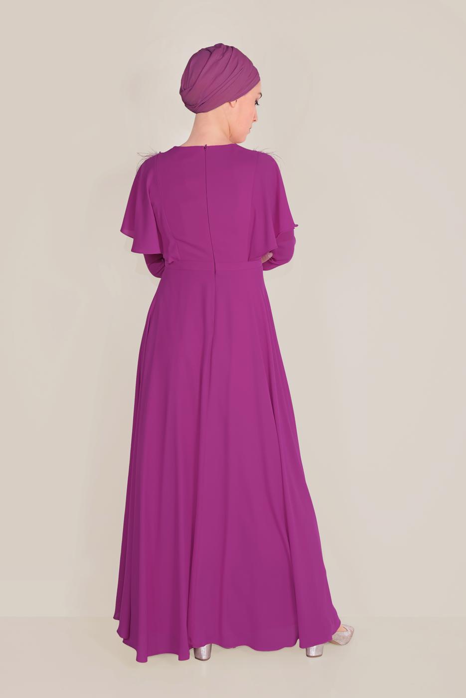 Tesettür giyim MOR BONCUKLU TÜY DETAYLI ELBİSE 40567 