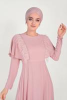 Tesettür giyim PUDRA BONCUKLU TÜY DETAYLI ELBİSE 40567 