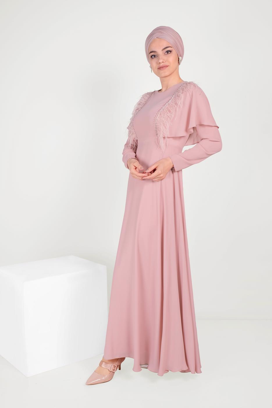 Tesettür giyim PUDRA BONCUKLU TÜY DETAYLI ELBİSE 40567 