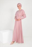 Tesettür giyim PUDRA BONCUKLU TÜY DETAYLI ELBİSE 40567 