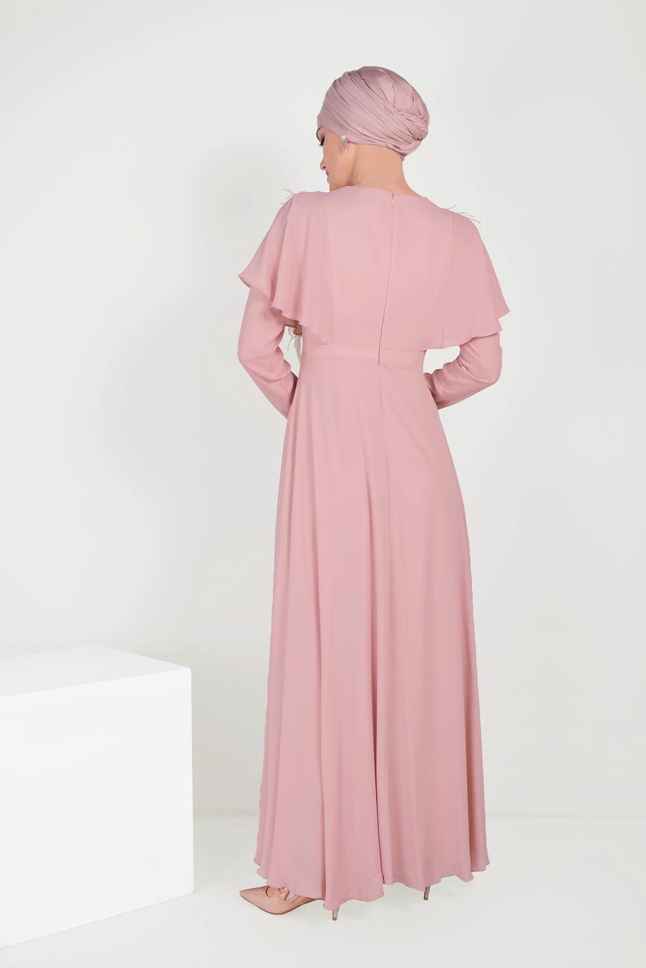 Tesettür giyim PUDRA BONCUKLU TÜY DETAYLI ELBİSE 40567 