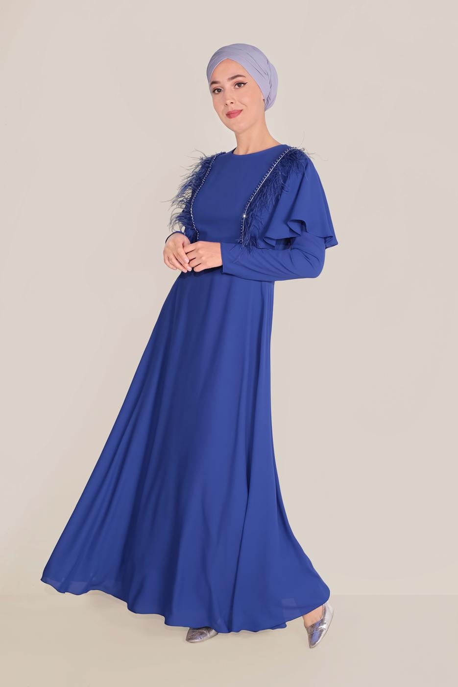 Tesettür giyim LACİVERT BONCUKLU TÜY DETAYLI ELBİSE 40567 