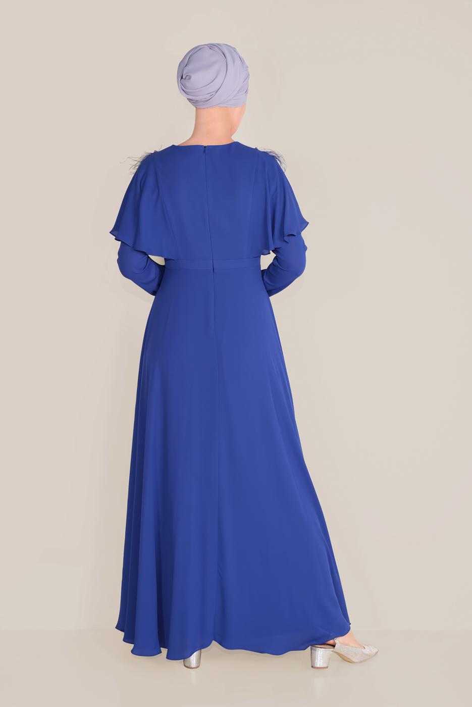 Tesettür giyim LACİVERT BONCUKLU TÜY DETAYLI ELBİSE 40567 