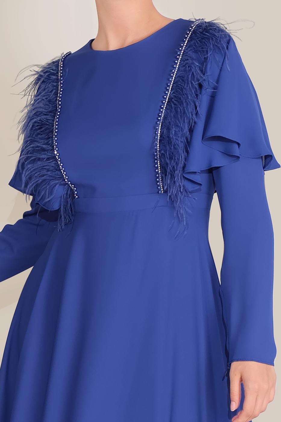 Tesettür giyim LACİVERT BONCUKLU TÜY DETAYLI ELBİSE 40567 