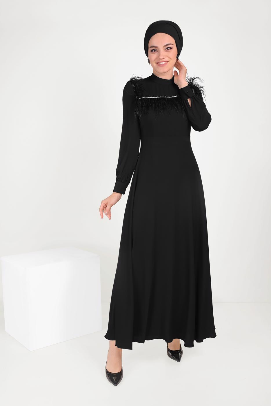 Tesettür giyim SİYAH ALVİNA İNCİ VE TÜYLÜ ELBİSE T 40568