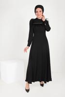 Tesettür giyim SİYAH ALVİNA İNCİ VE TÜYLÜ ELBİSE T 40568