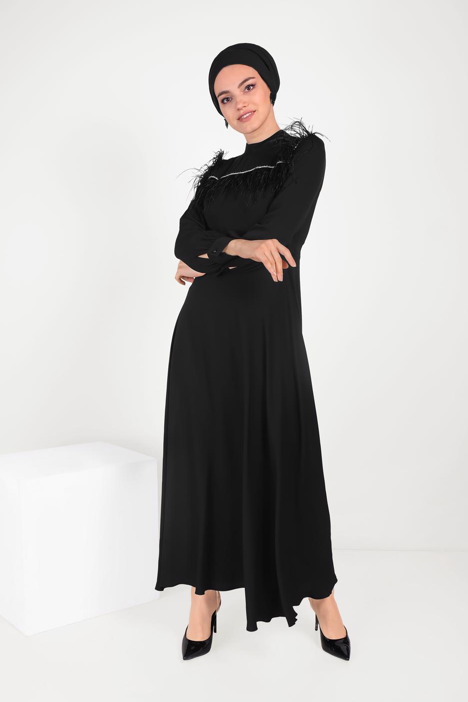 Tesettür giyim SİYAH ALVİNA İNCİ VE TÜYLÜ ELBİSE T 40568