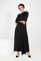 Tesettür giyim SİYAH ALVİNA İNCİ VE TÜYLÜ ELBİSE T 40568