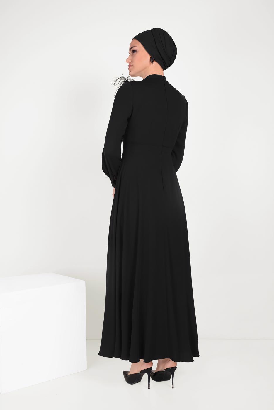 Tesettür giyim SİYAH ALVİNA İNCİ VE TÜYLÜ ELBİSE T 40568