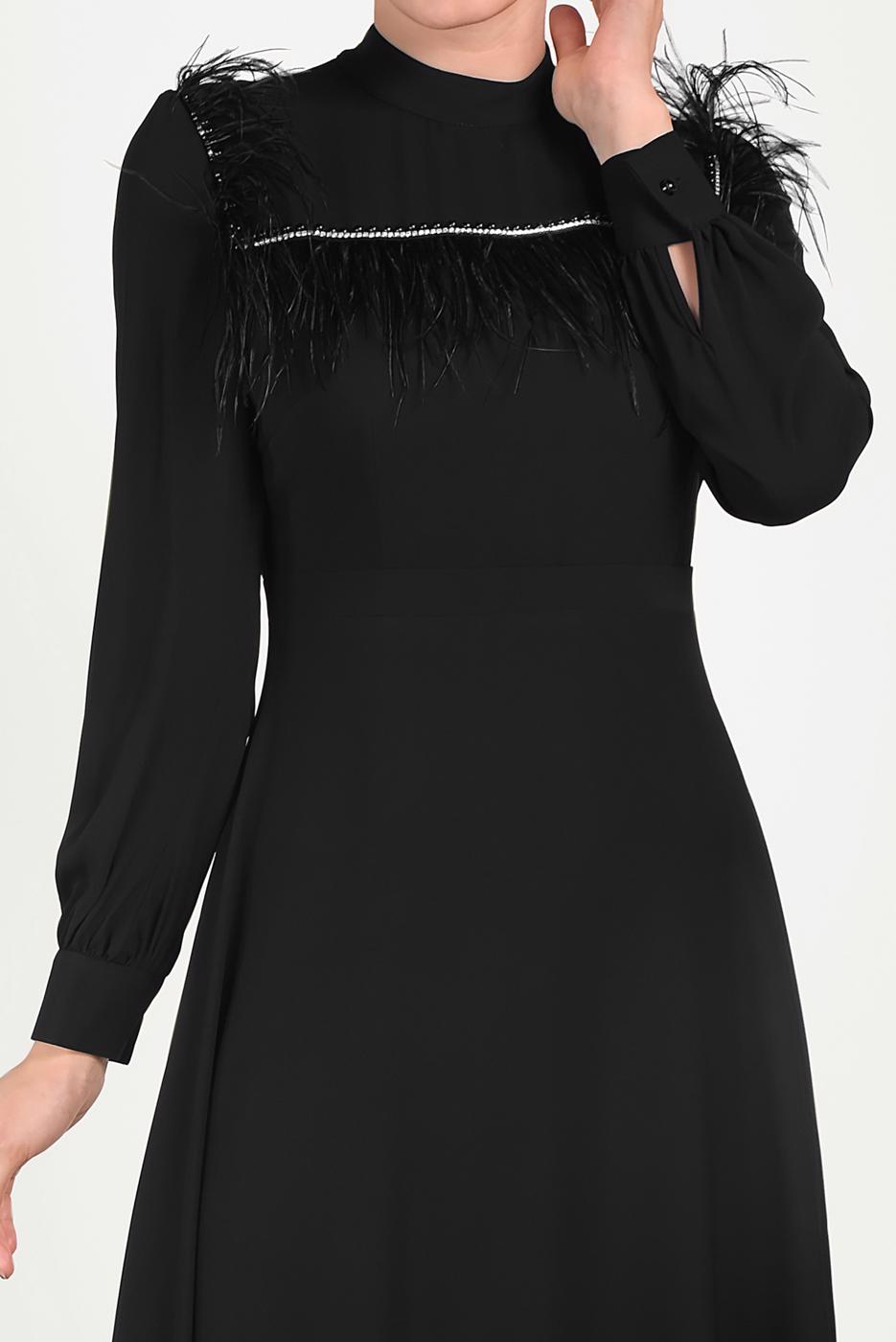 Tesettür giyim SİYAH ALVİNA İNCİ VE TÜYLÜ ELBİSE T 40568