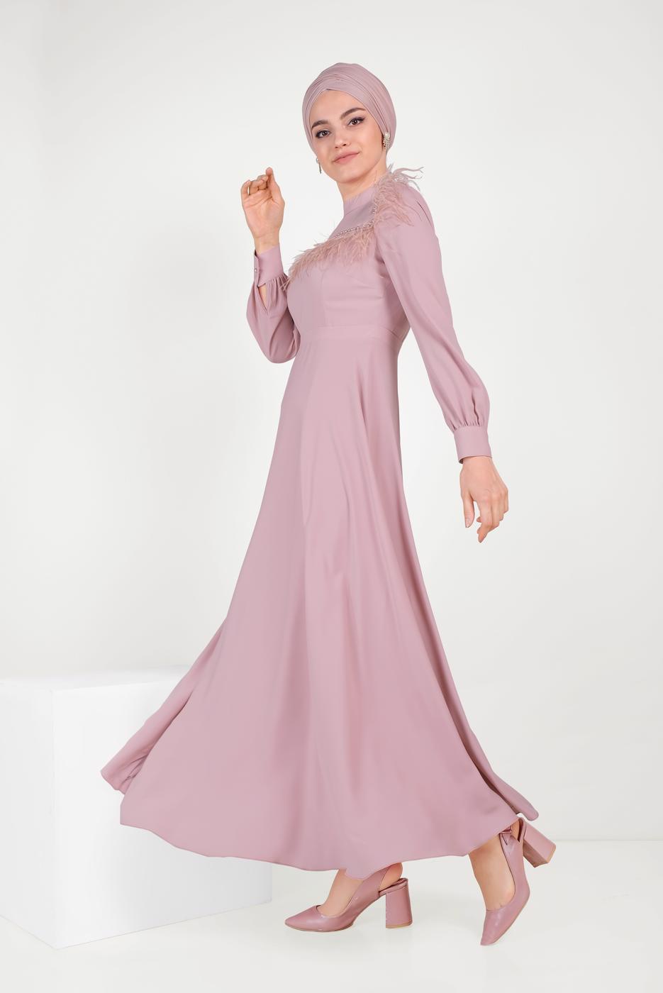 Tesettür giyim PUDRA ALVİNA İNCİ VE TÜYLÜ ELBİSE T 40568