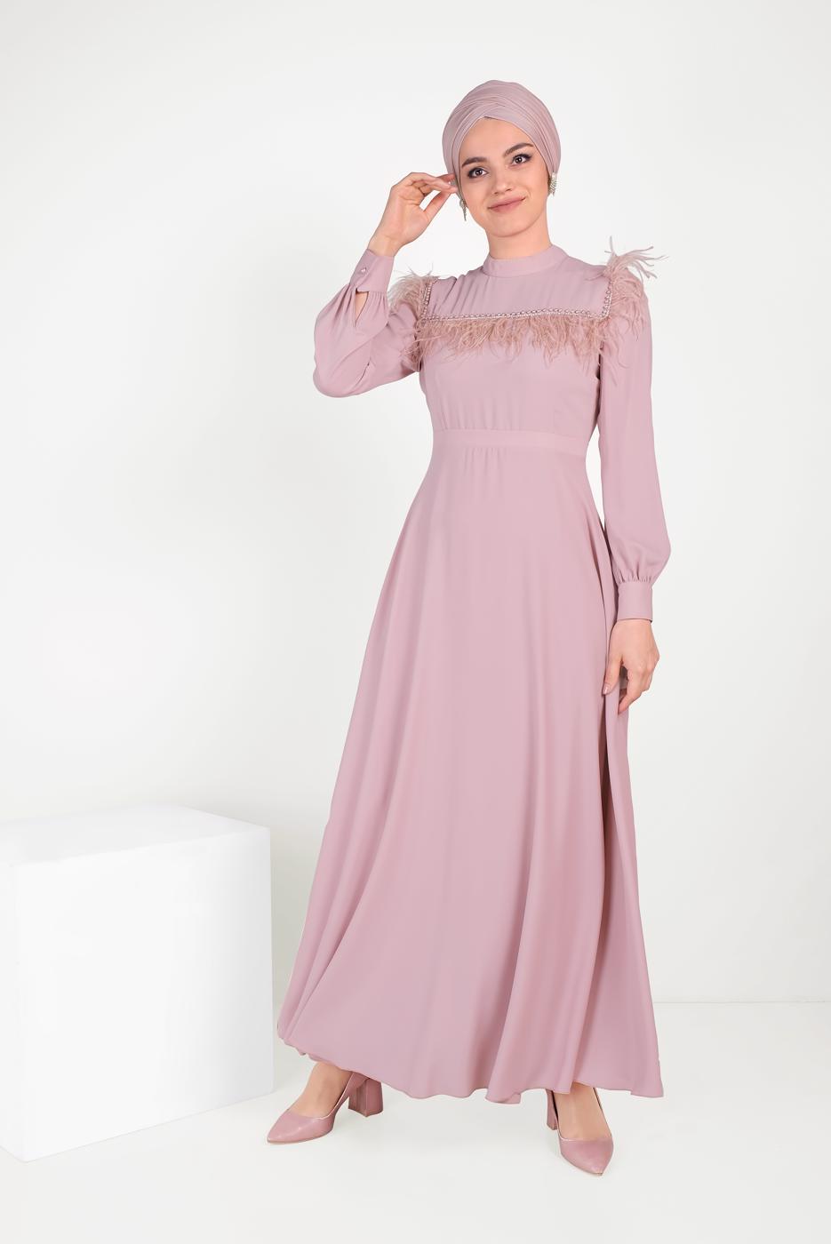 Tesettür giyim PUDRA ALVİNA İNCİ VE TÜYLÜ ELBİSE T 40568