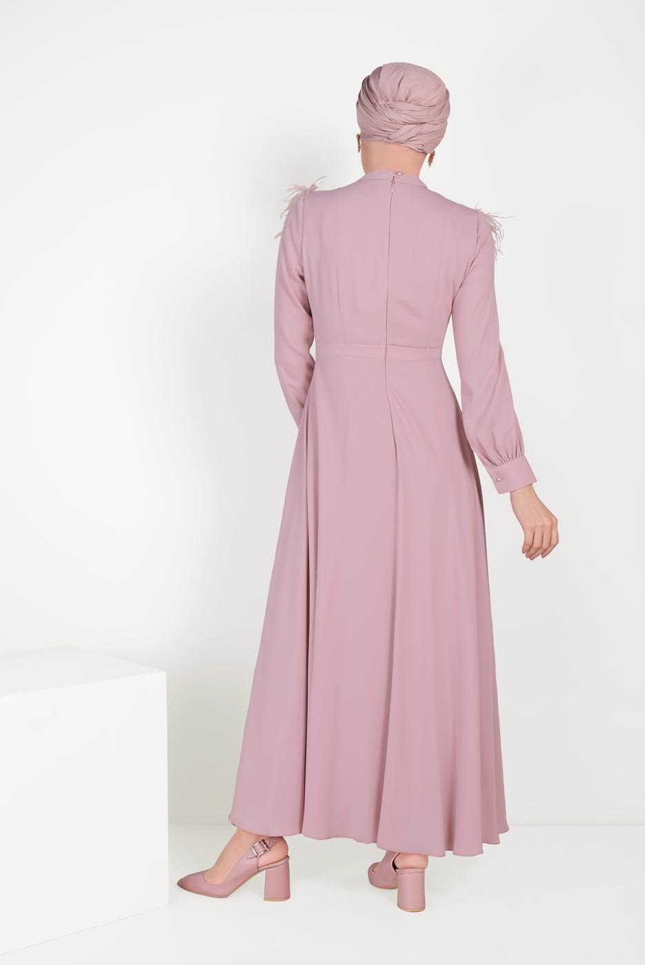 Tesettür giyim PUDRA ALVİNA İNCİ VE TÜYLÜ ELBİSE T 40568