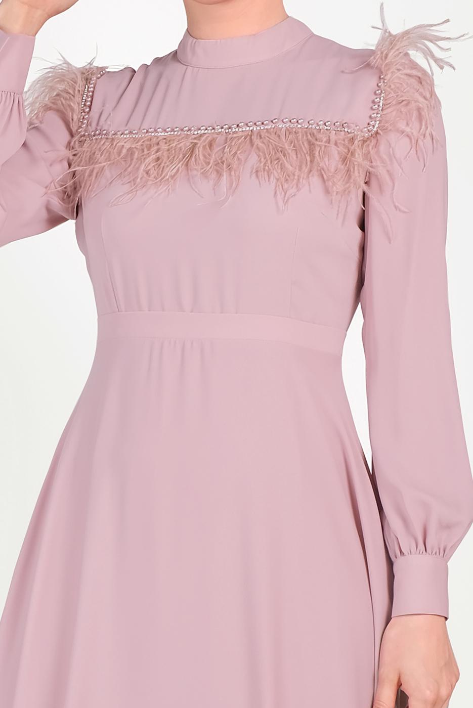 Tesettür giyim PUDRA ALVİNA İNCİ VE TÜYLÜ ELBİSE T 40568