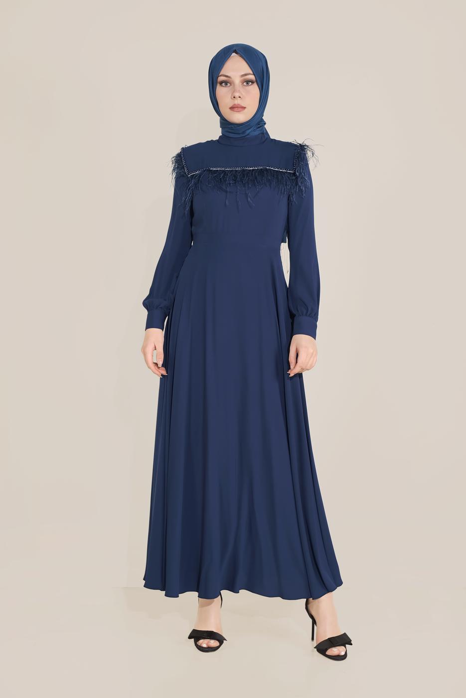 Tesettür giyim LACİVERT ALVİNA İNCİ VE TÜYLÜ ELBİSE T 40568
