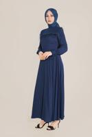 Tesettür giyim LACİVERT ALVİNA İNCİ VE TÜYLÜ ELBİSE T 40568