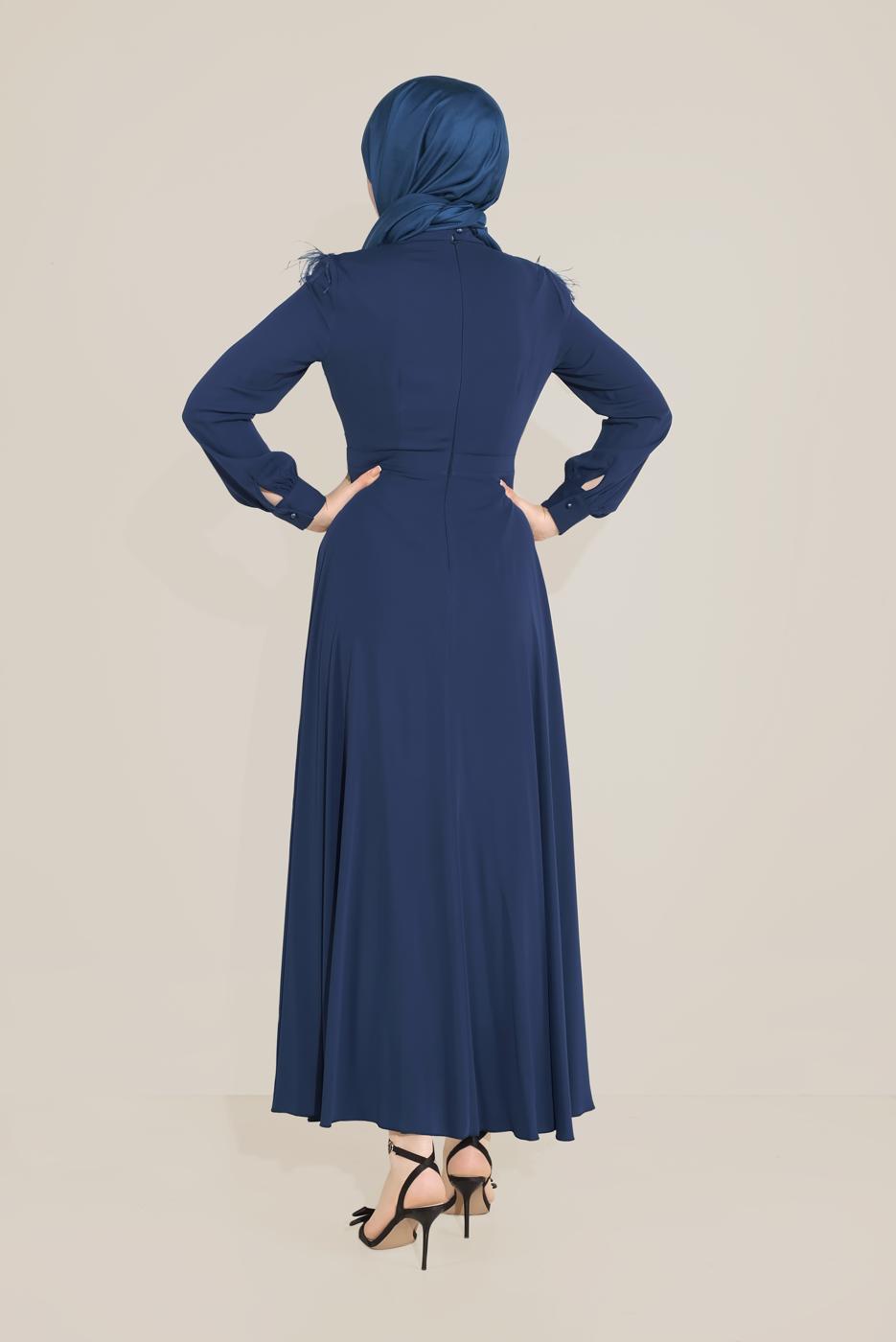 Tesettür giyim LACİVERT ALVİNA İNCİ VE TÜYLÜ ELBİSE T 40568