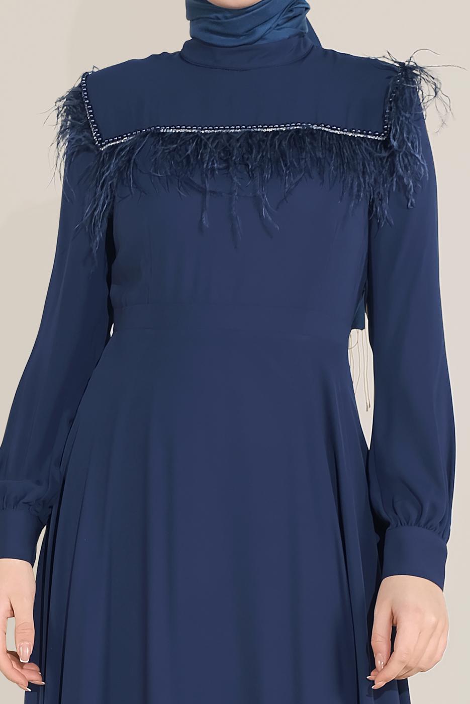 Tesettür giyim LACİVERT ALVİNA İNCİ VE TÜYLÜ ELBİSE T 40568