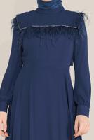 Tesettür giyim LACİVERT ALVİNA İNCİ VE TÜYLÜ ELBİSE T 40568