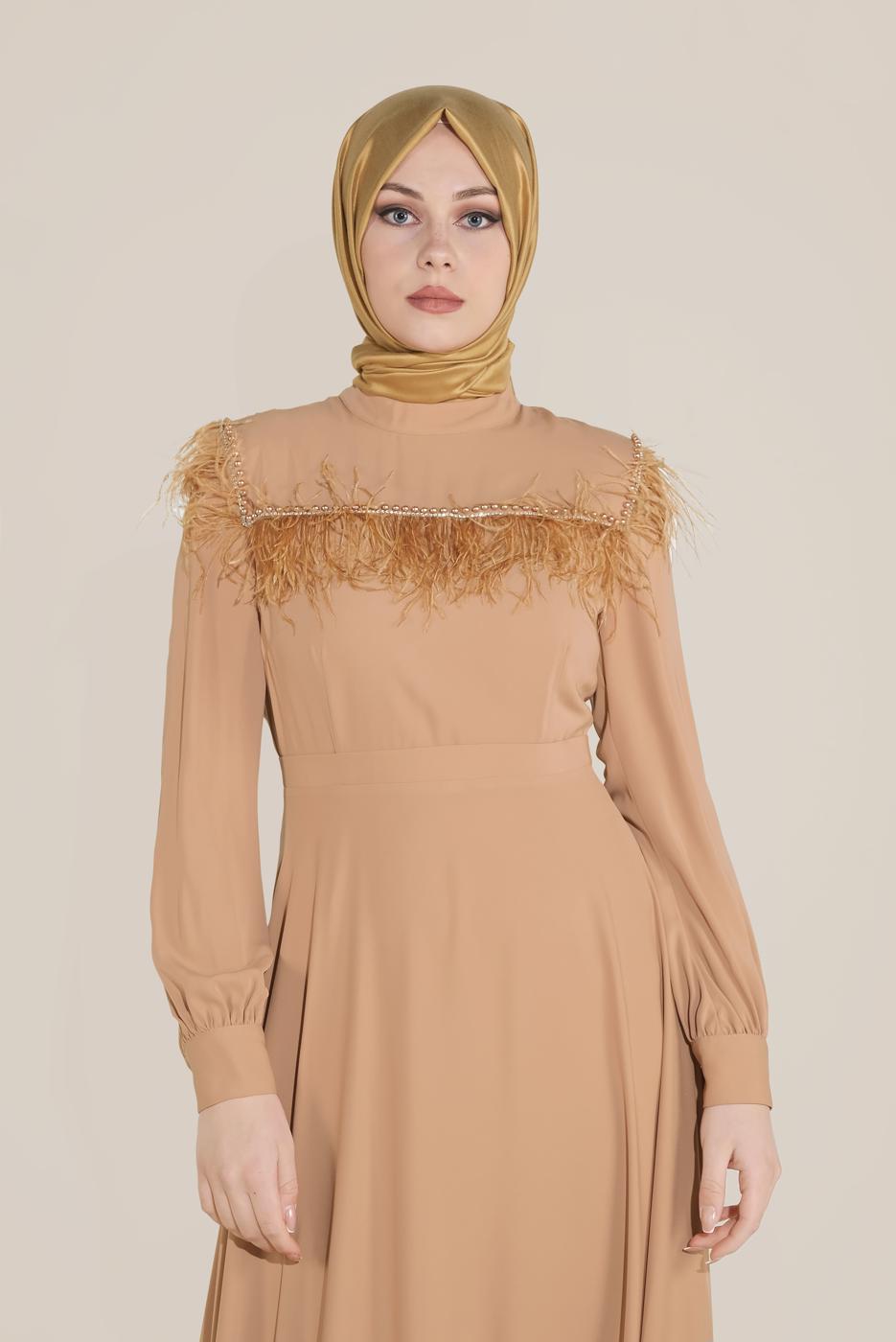 Tesettür giyim PEMBE ALVİNA İNCİ VE TÜYLÜ ELBİSE T 40568