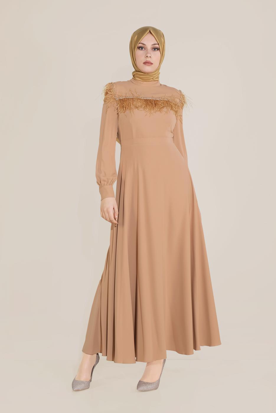 Tesettür giyim PEMBE ALVİNA İNCİ VE TÜYLÜ ELBİSE T 40568