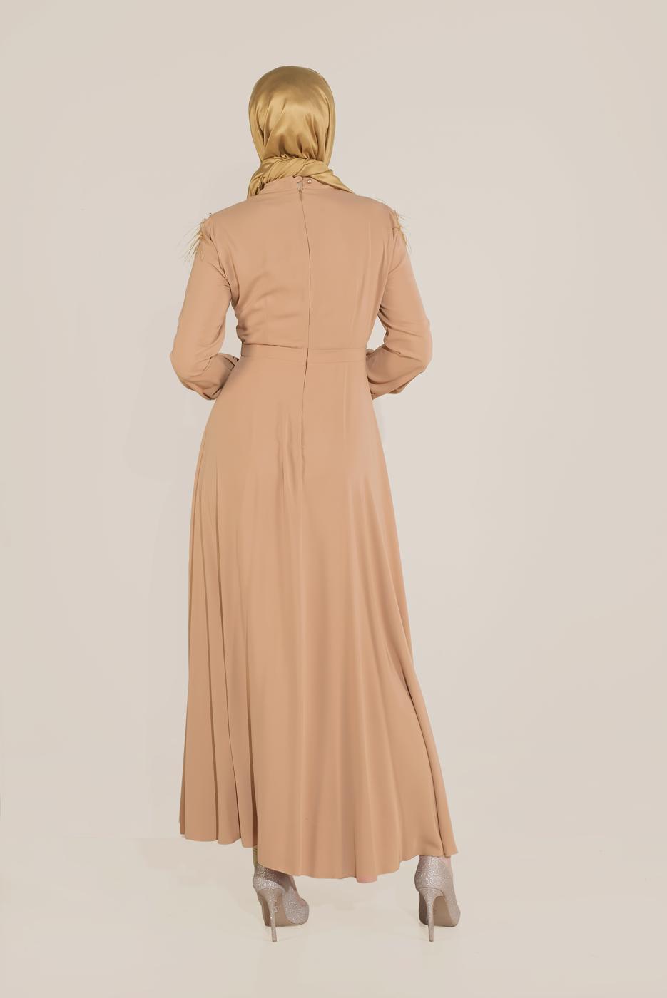 Tesettür giyim PEMBE ALVİNA İNCİ VE TÜYLÜ ELBİSE T 40568