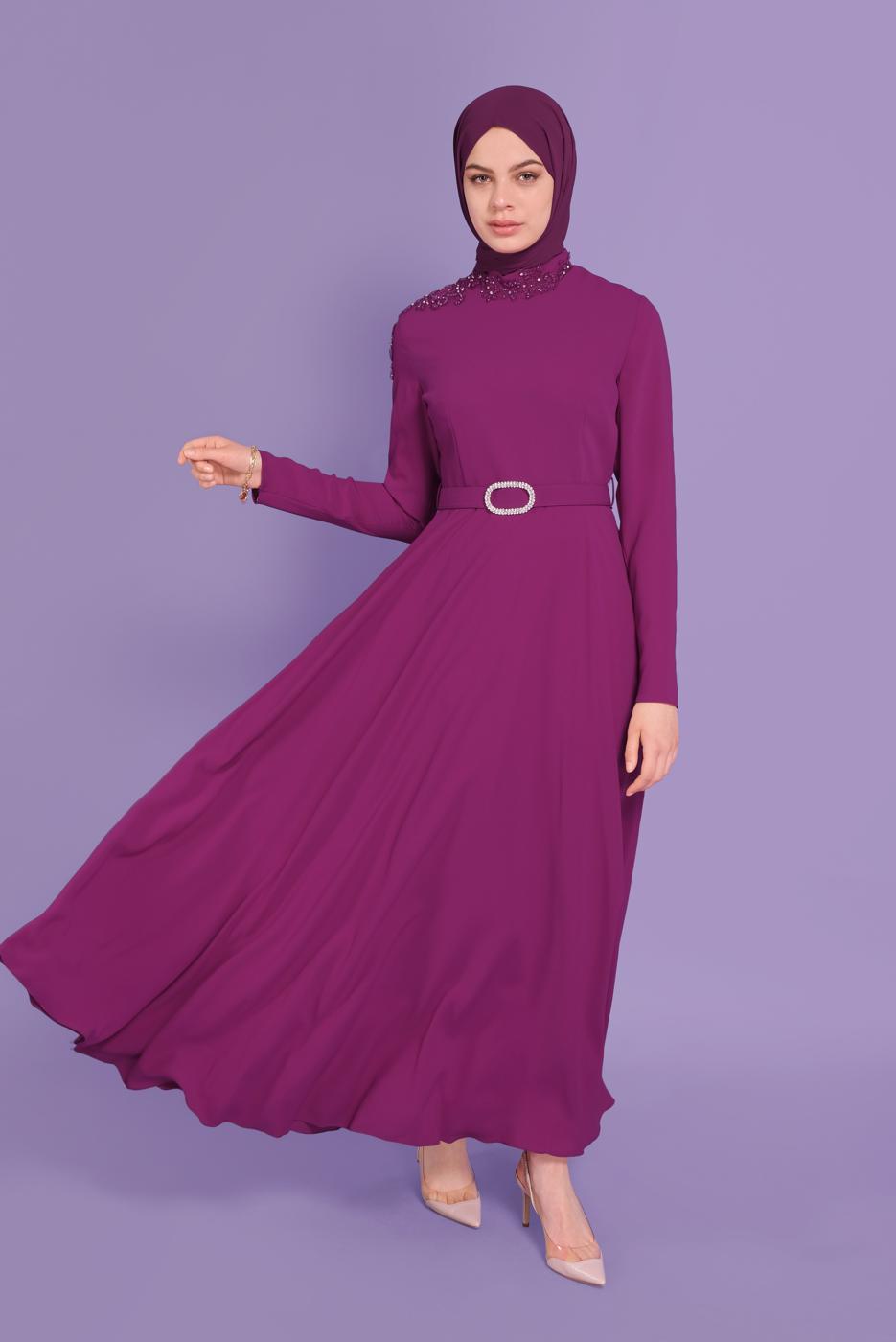 Tesettür giyim FUŞYA ALVİNA NAKIŞ DETAYLI KEMERLİ ELBİSE 40585